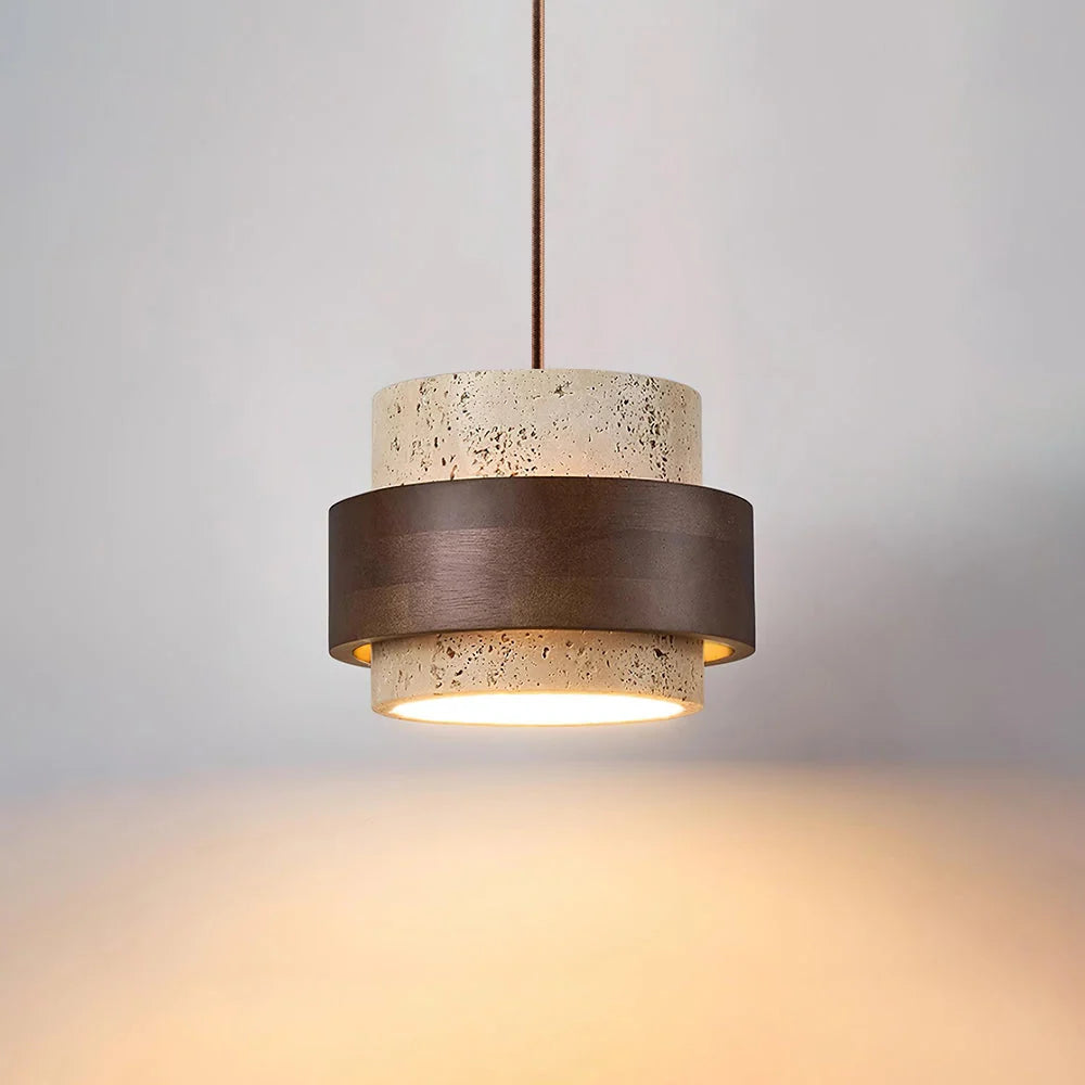 Lámpara colgante cilíndrica ajustable de travertino y madera, ideal para decoración de interiores con un diseño moderno y vers 0