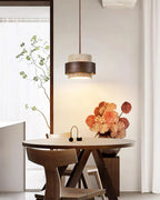 Lámpara colgante cilíndrica ajustable de travertino y madera, ideal para decoración de interiores con un diseño moderno y vers 2