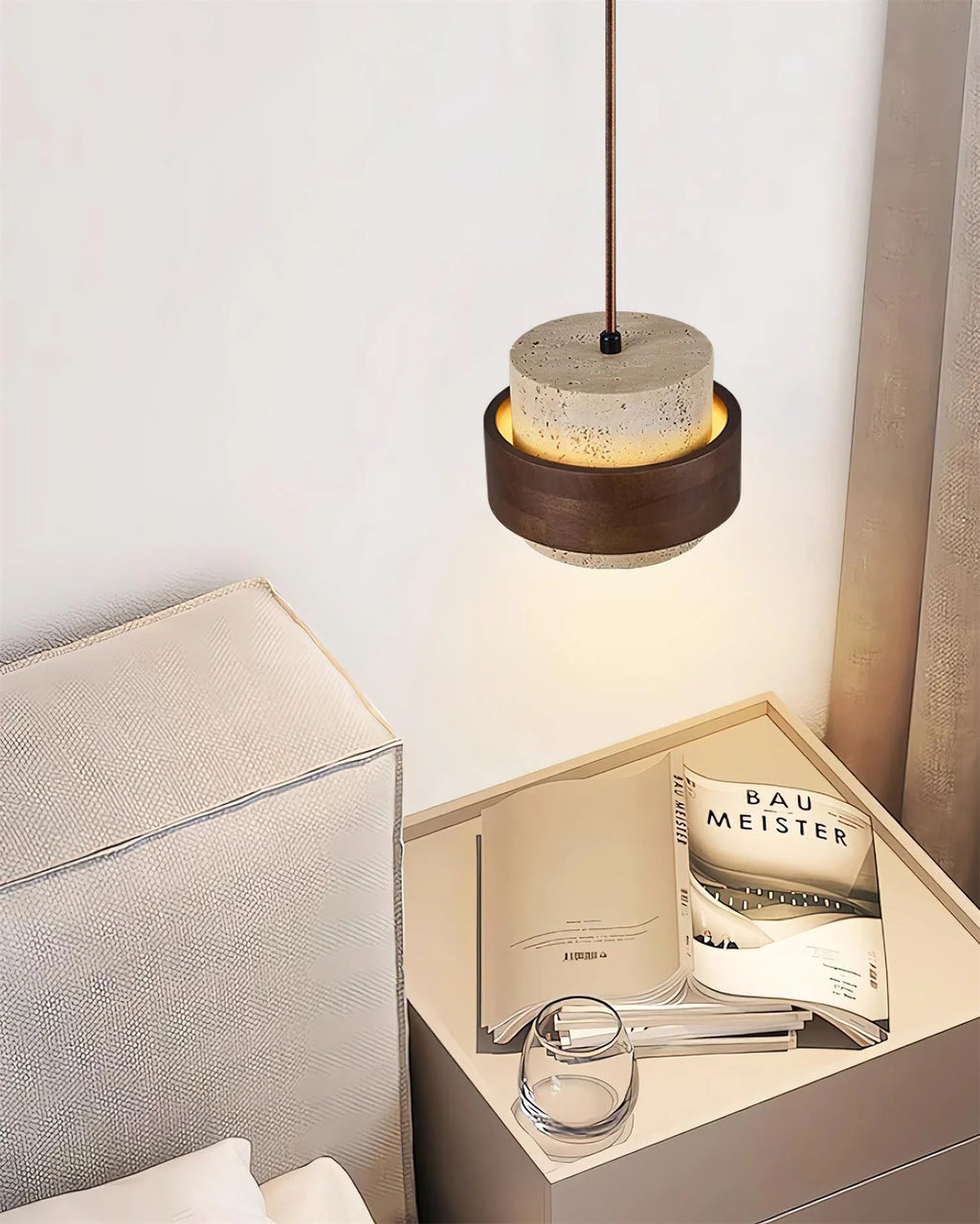 Lámpara colgante cilíndrica ajustable de travertino y madera, ideal para decoración de interiores con un diseño moderno y vers 4