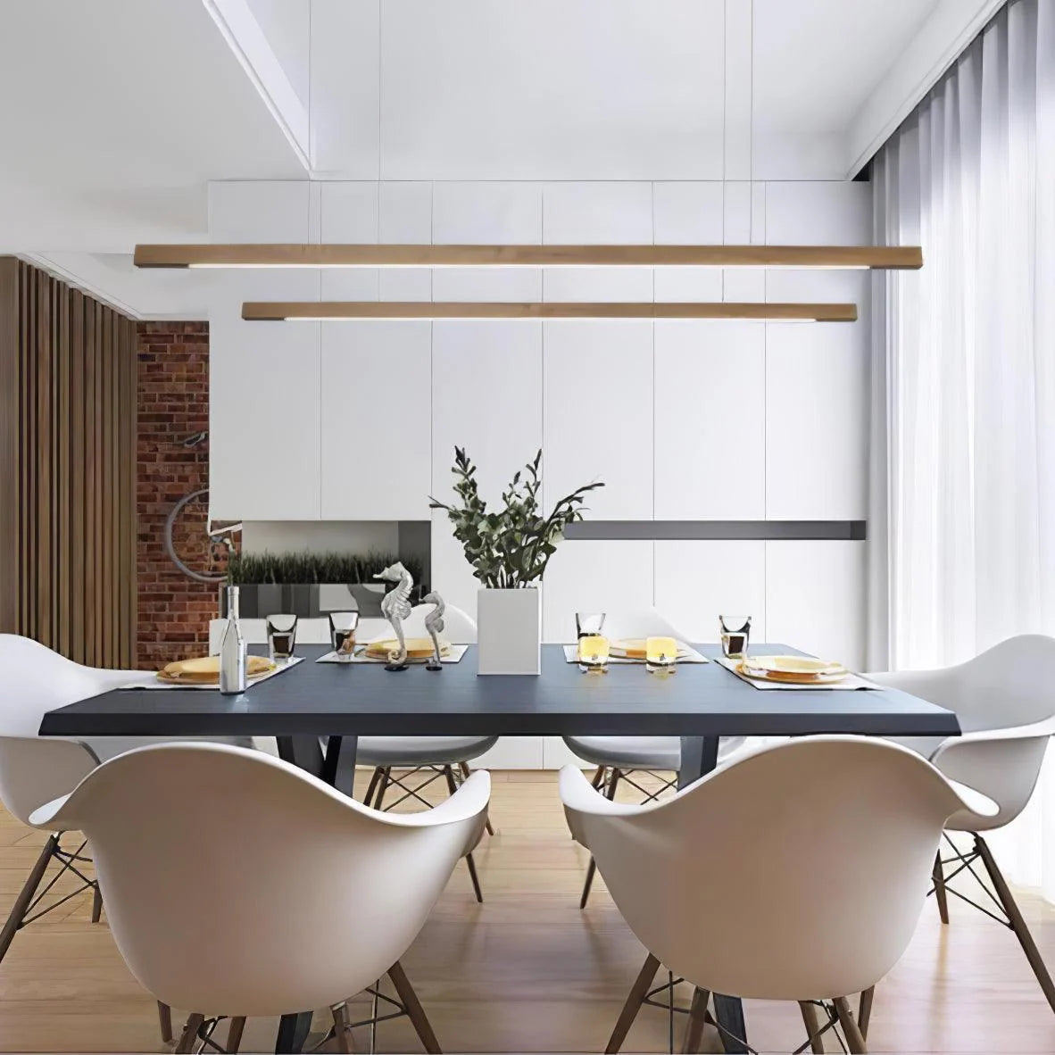 Lámpara colgante lineal LED integrada con elegante cuerpo de madera y difusor acrílico, ideal para iluminación moderna y estilizada 6