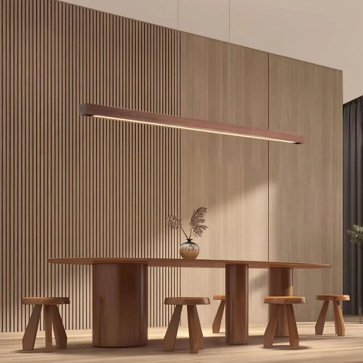 Lámpara colgante lineal LED integrada con elegante cuerpo de madera y difusor acrílico, ideal para iluminación moderna y estilizada 8