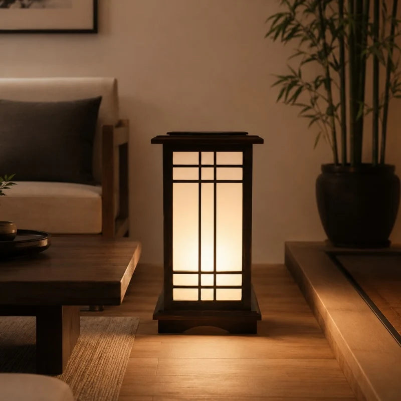 Lámpara Shoji Japonesa con paneles translúcidos y base de madera oscura, ideal para crear una iluminación cálida en salas de 0