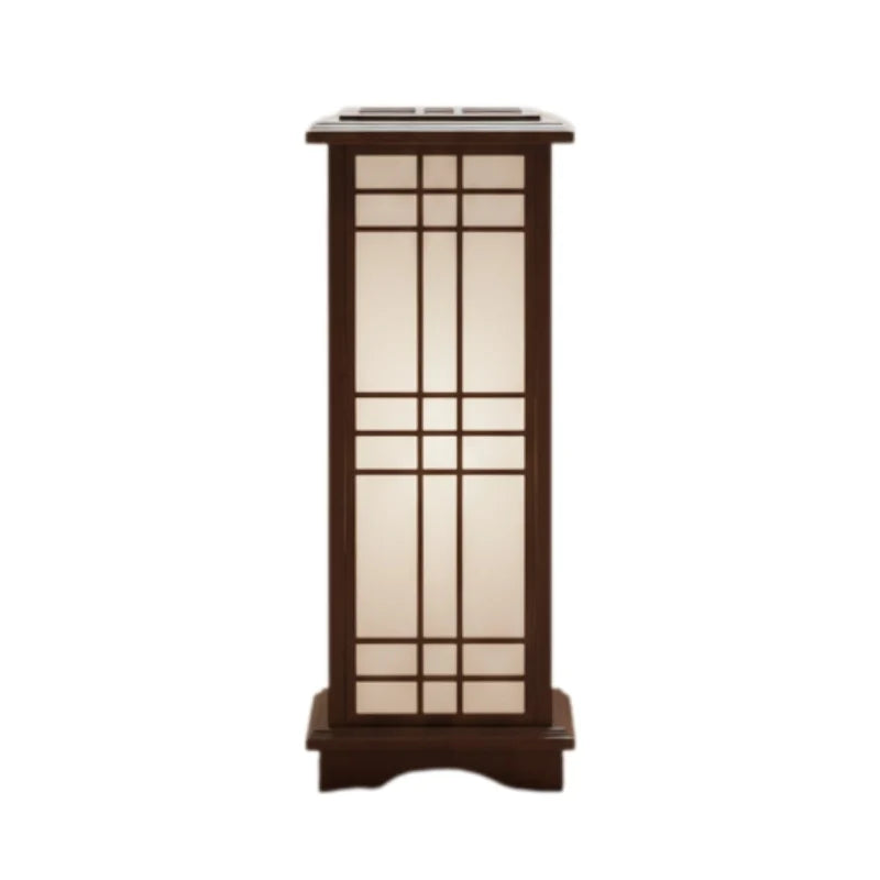 Lámpara Shoji Japonesa con paneles translúcidos y base de madera oscura, ideal para crear una iluminación cálida en salas de 3