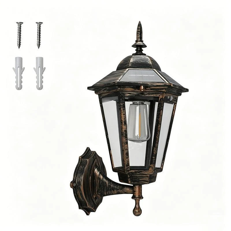 Lámpara solar exterior con sensor de movimiento, 3 modos de iluminación, diseño clásico resistente a la intemperie en negro y bronce. 5