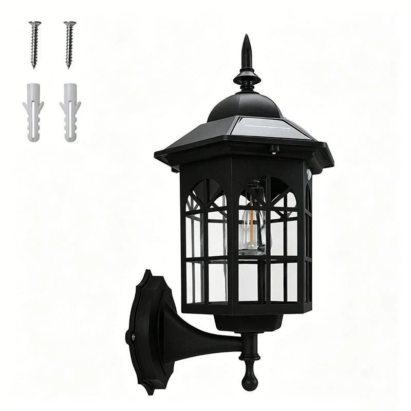 Lámpara solar exterior con sensor de movimiento, 3 modos de iluminación, diseño clásico resistente a la intemperie en negro y bronce. 7