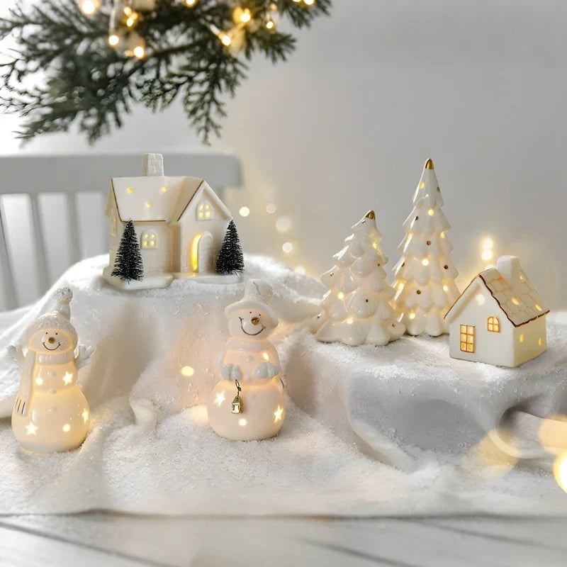 Lámpara de cerámica con forma de pueblo iluminado, diseño navideño decorativo ideal para crear ambientes acogedores durante las fiestas. 5