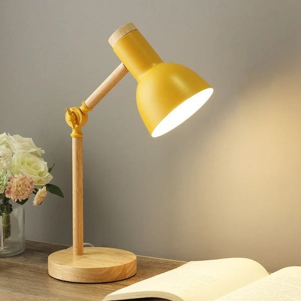 Lámpara de escritorio LED dimmable con brazo ajustable y cabezal giratorio, diseño en madera y metal estilo nórdico, ideal 0