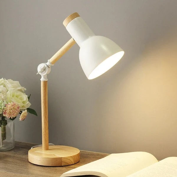 Lámpara de escritorio LED dimmable con brazo ajustable y cabezal giratorio, diseño en madera y metal estilo nórdico, ideal 2