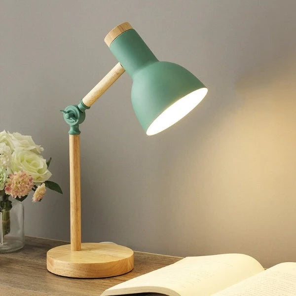 Lámpara de escritorio LED dimmable con brazo ajustable y cabezal giratorio, diseño en madera y metal estilo nórdico, ideal 3