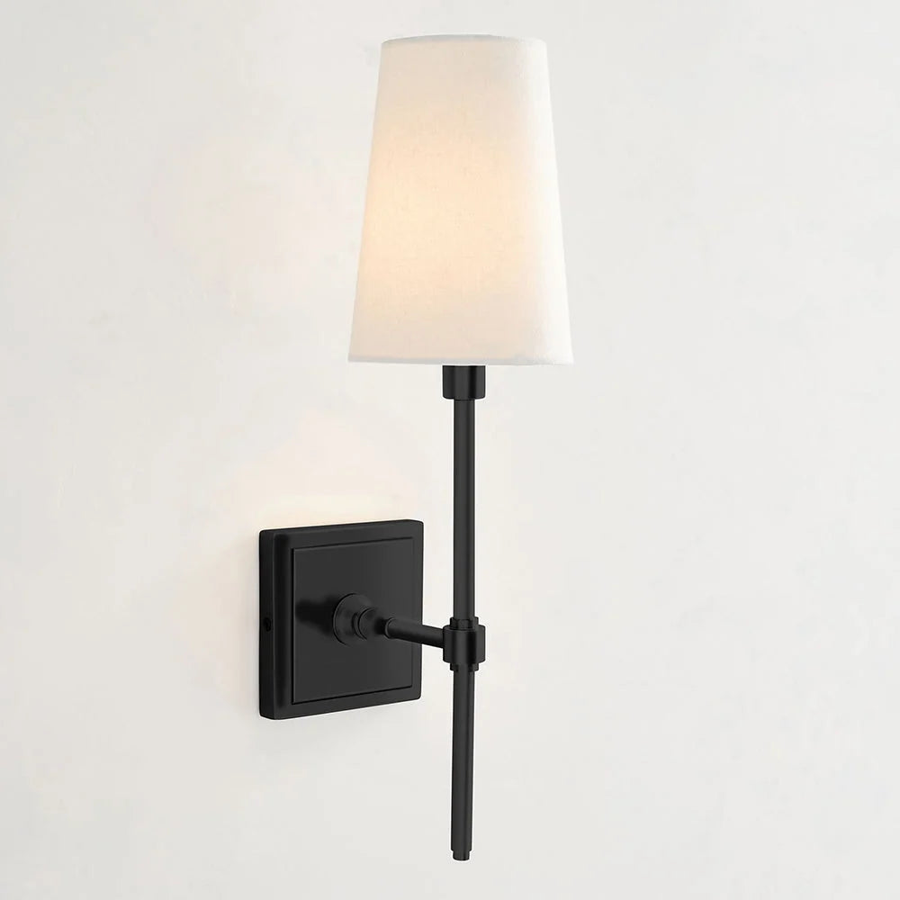 Lámpara de pared interior con pantalla de lino cónica y acabado metálico en latón, negro o níquel, ideal para iluminación regulable 13