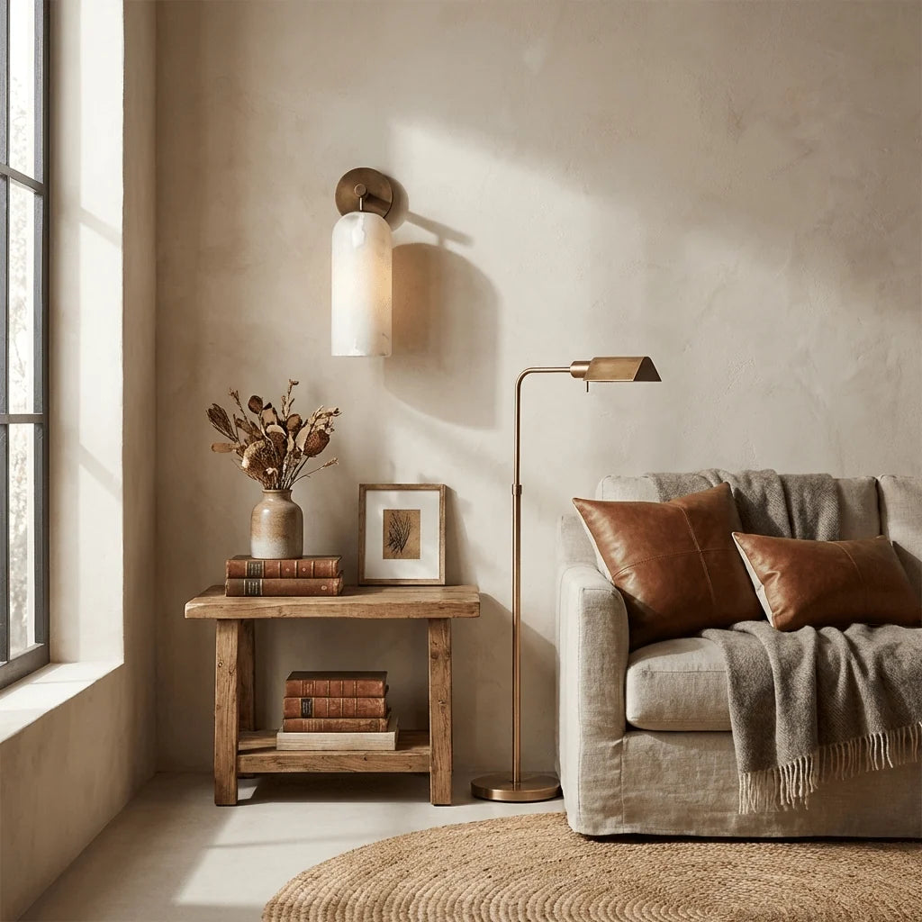 Lámpara de pared con pantalla de alabastro y brazo metálico, diseño compacto y elegante ideal para interiores modernos. 5