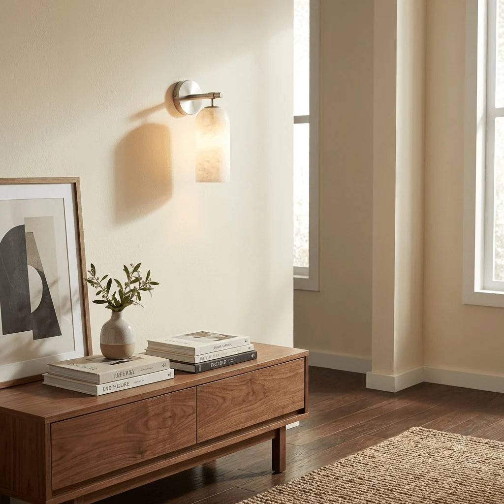 Lámpara de pared con pantalla de alabastro y brazo metálico, diseño compacto y elegante ideal para interiores modernos. 6