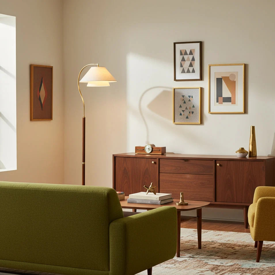 Lámpara de pie con pantallas de tela superpuestas, diseño escultural en madera y metal, ideal para decorar el salón con estilo moderno y 6