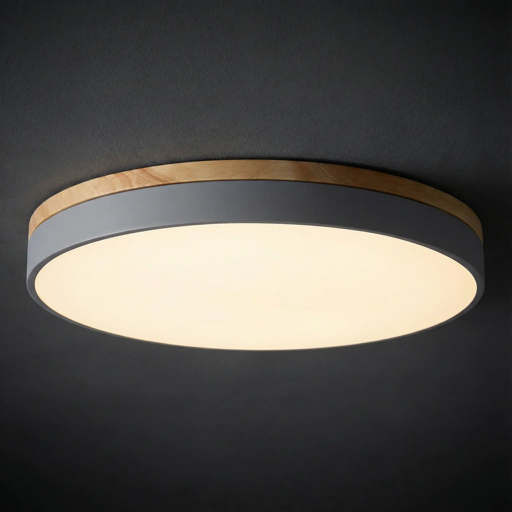 Lámpara de techo LED empotrada regulable con marco de madera, diseño moderno ideal para iluminar cocinas y salas de estar. 6
