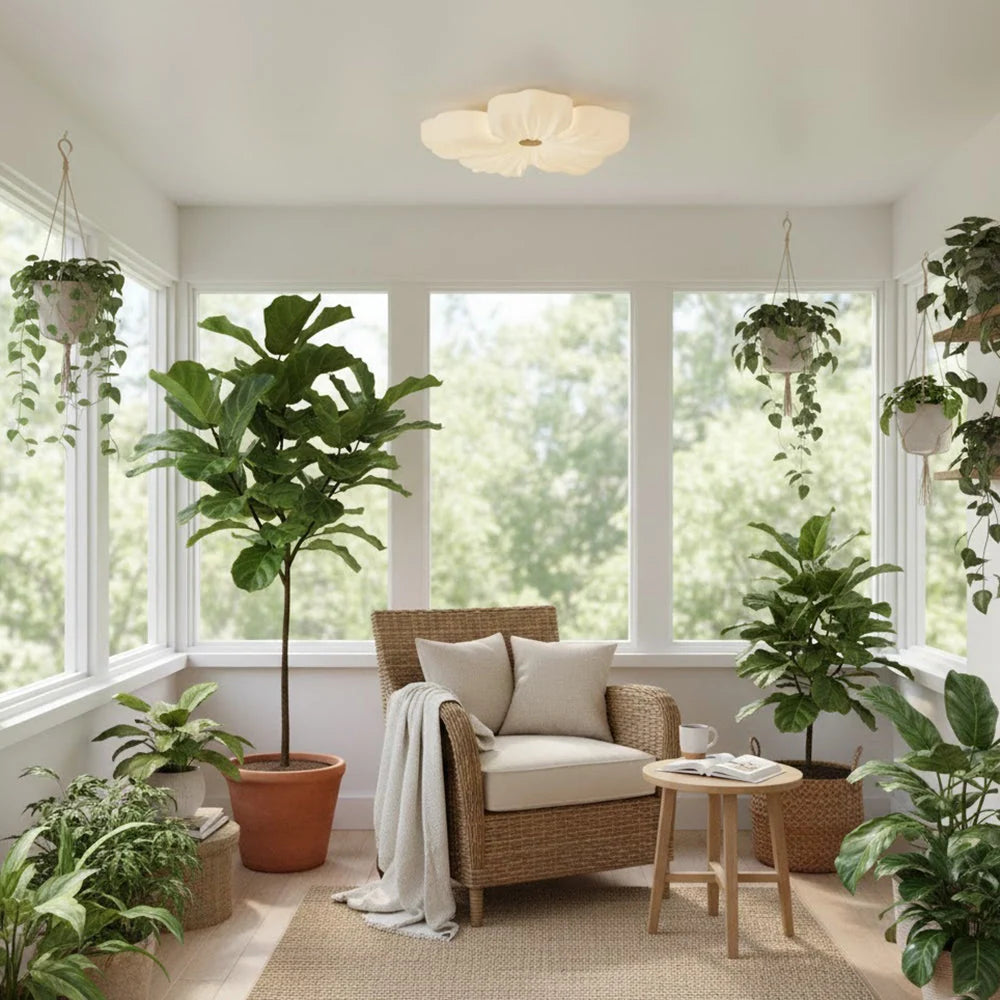 Lámpara de techo LED integrada con pantalla acrílica en forma de flor, diseño moderno y regulable, ideal para decoraciones de comedor y 3
