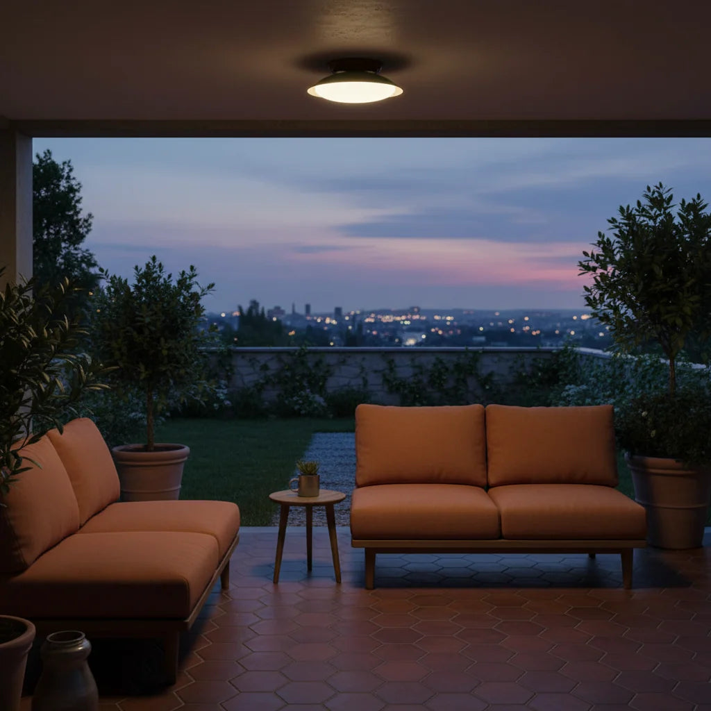 Lámpara de techo LED resistente a la humedad en diseño bicolor, perfecta para baños y áreas exteriores cubiertas. 7