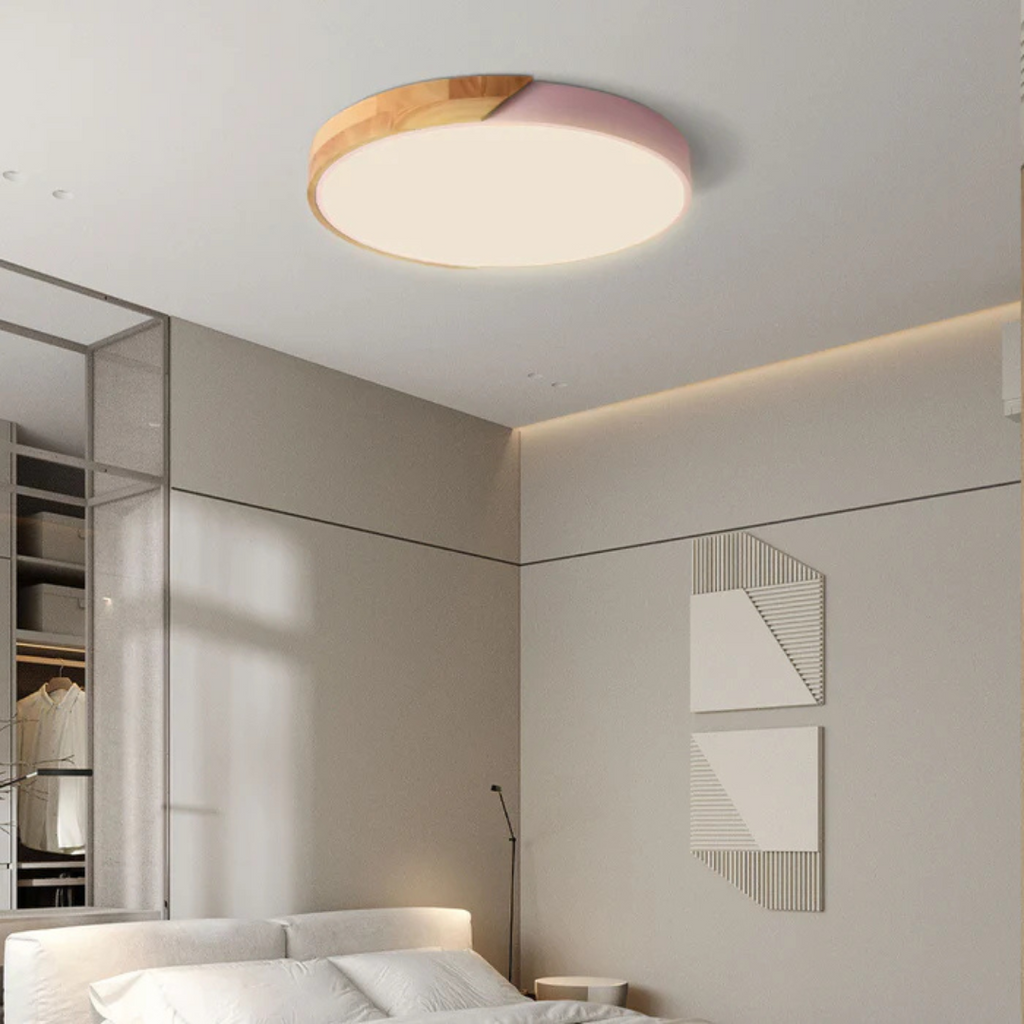 Lámpara de techo LED de diseño escandinavo en madera y acrílico, ideal para una iluminación suave y eficiente en interiores modernos. 6