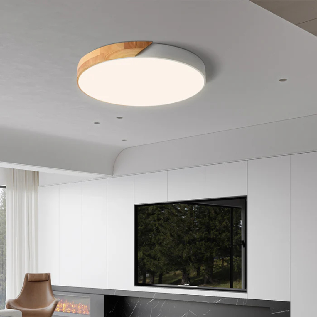 Lámpara de techo LED de diseño escandinavo en madera y acrílico, ideal para una iluminación suave y eficiente en interiores modernos. 7