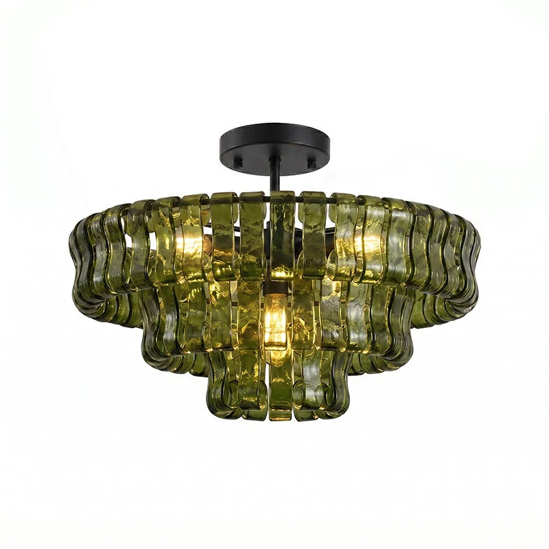 Lámpara de techo redonda de vidrio hecho a mano con estructura metálica, disponible en varios colores y tamaños, ideal para decoración moderna. 21