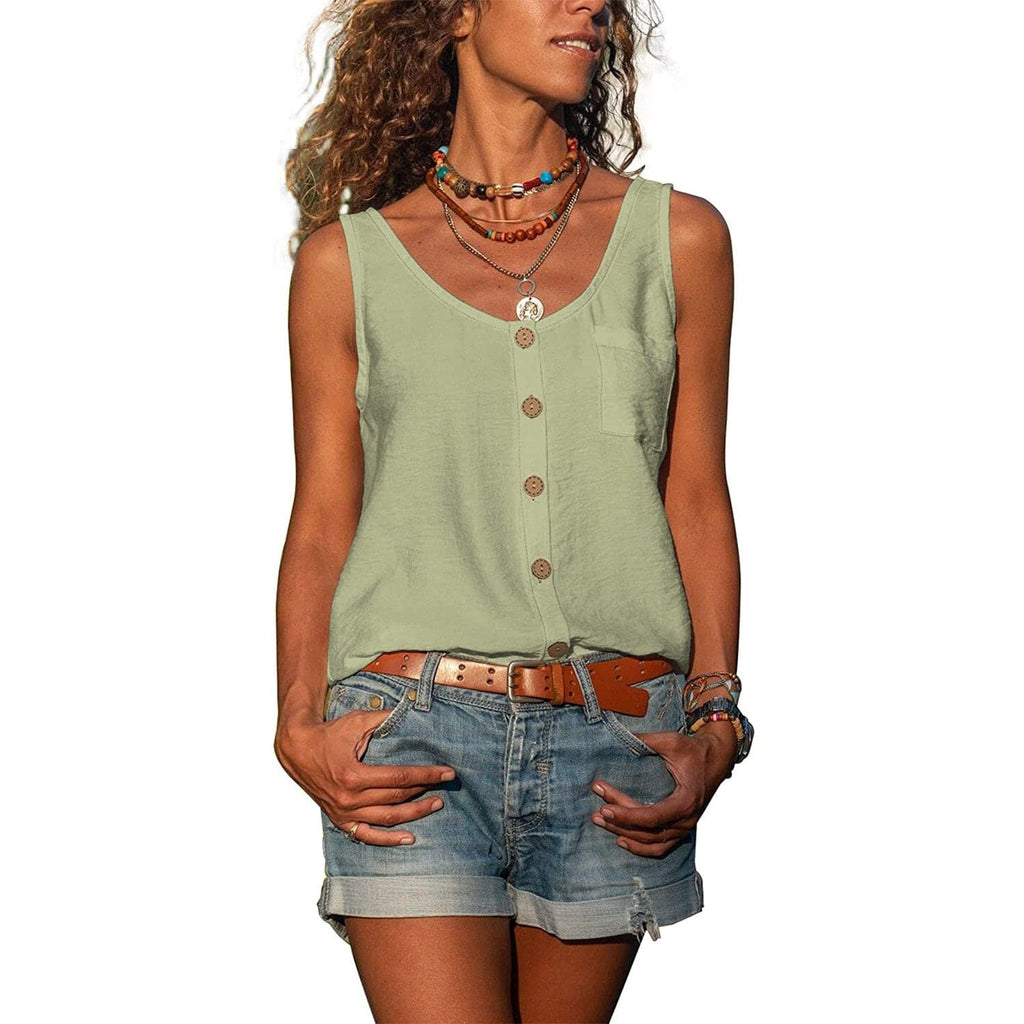 Blusa sin mangas con escote en V y botones para mujer en Verde Claro, look casual