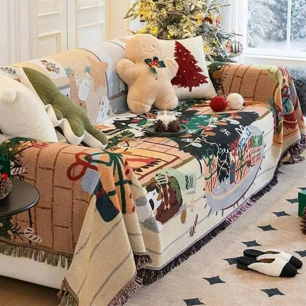 Manta decorativa navideña para sofá con flecos, lavable a máquina, fabricada en mezcla de poliéster y algodón, presenta 1
