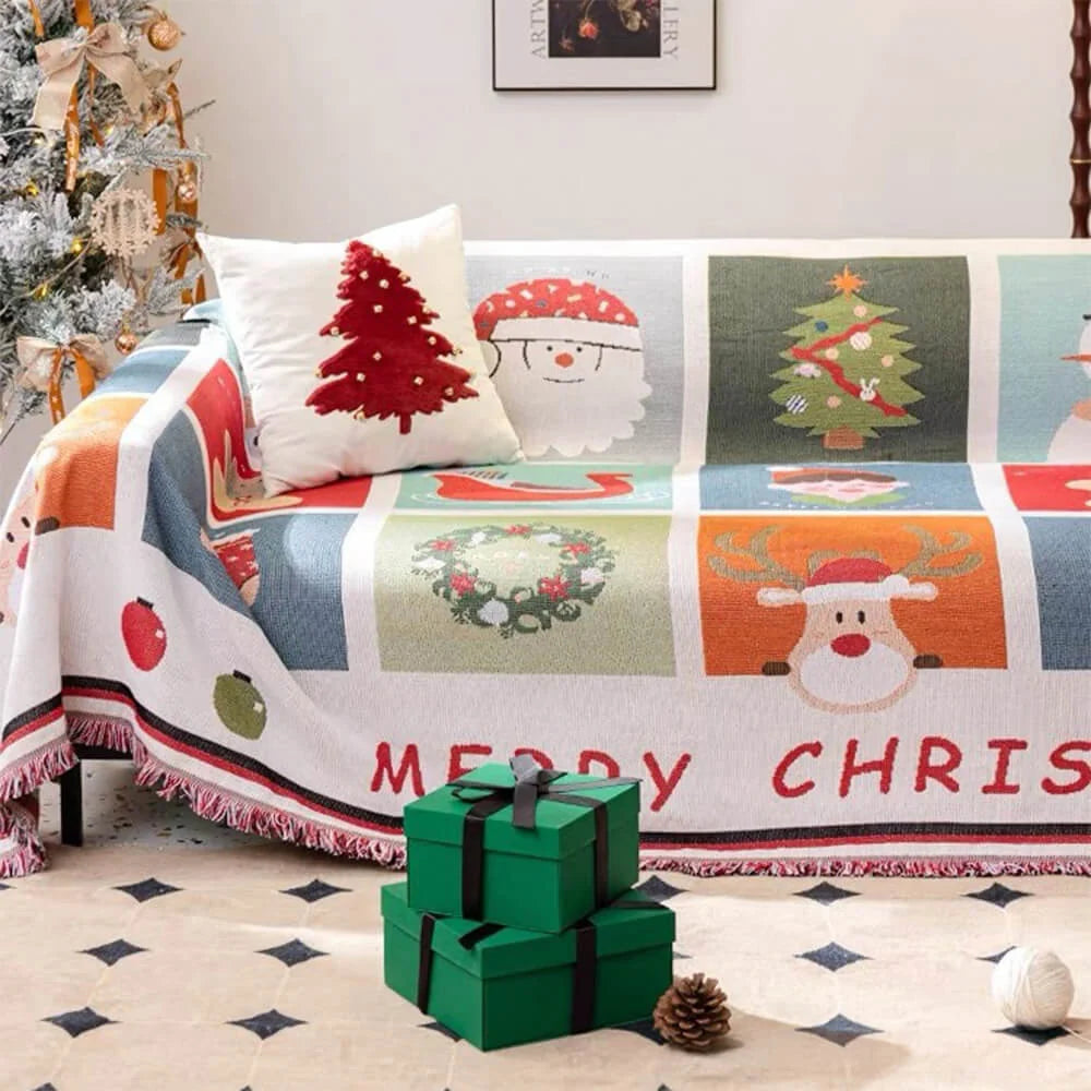 Manta decorativa navideña para sofá con flecos, lavable a máquina, fabricada en mezcla de poliéster y algodón, presenta 2