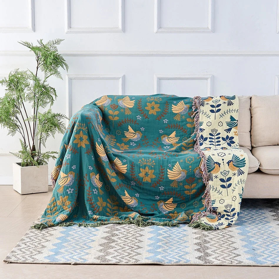 Manta reversible lavable para exteriores con estampado escandinavo de pájaros en colores multicolores, dimensiones 150x200 cm. 0