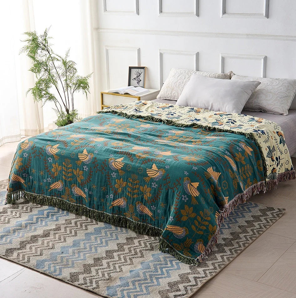 Manta reversible lavable para exteriores con estampado escandinavo de pájaros en colores multicolores, dimensiones 150x200 cm. 1