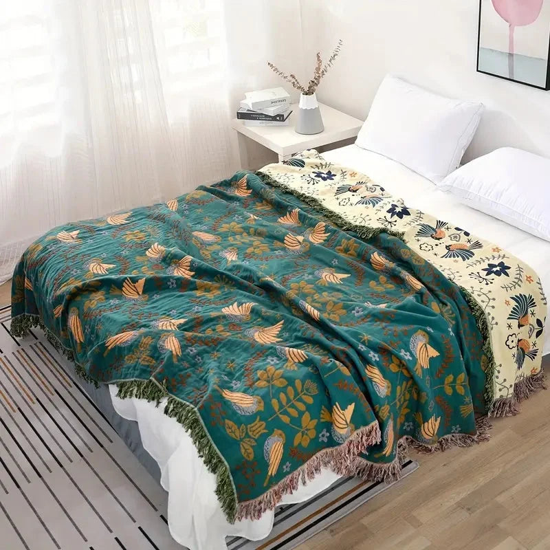 Manta reversible lavable para exteriores con estampado escandinavo de pájaros en colores multicolores, dimensiones 150x200 cm. 3