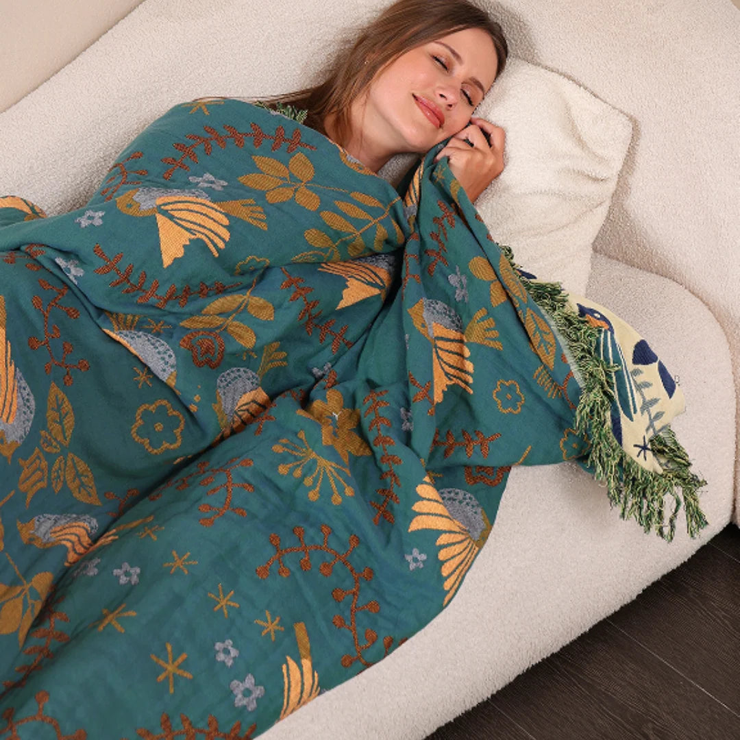 Manta reversible lavable para exteriores con estampado escandinavo de pájaros en colores multicolores, dimensiones 150x200 cm. 4