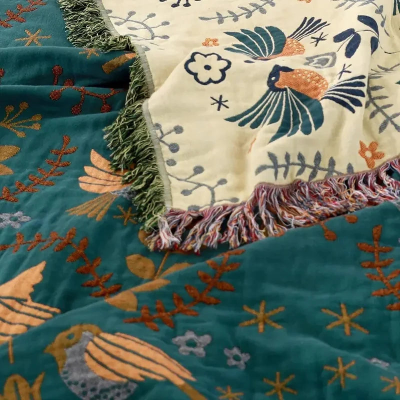 Manta reversible lavable para exteriores con estampado escandinavo de pájaros en colores multicolores, dimensiones 150x200 cm. 5