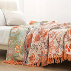 Manta de algodón floral boho lavable a máquina con flecos, diseño rústico en fondo crema con flores naranjas y azules 0