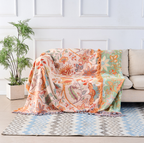 Manta de algodón floral boho lavable a máquina con flecos, diseño rústico en fondo crema con flores naranjas y azules 1
