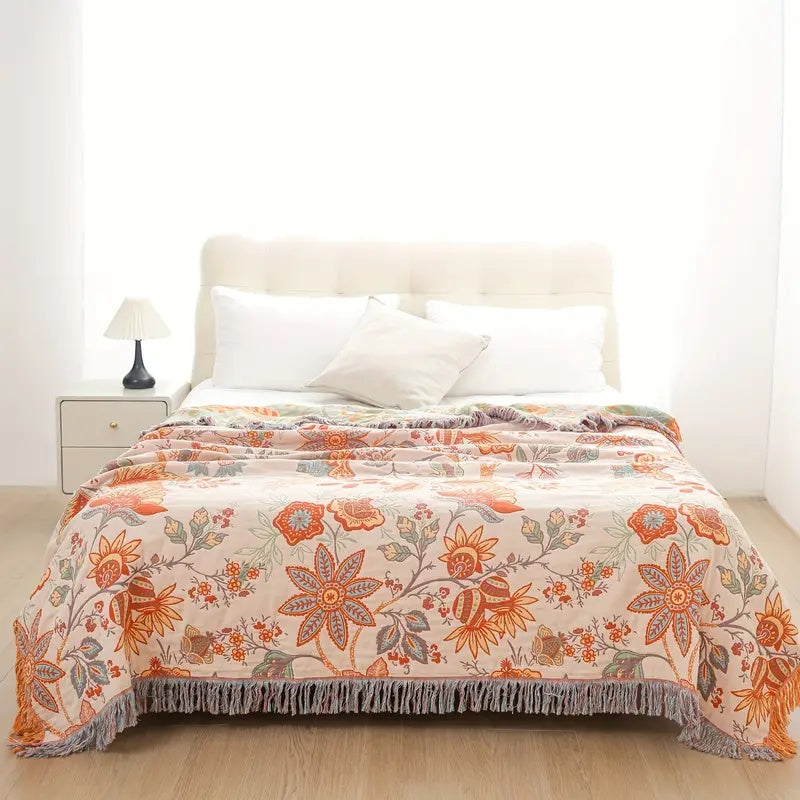 Manta de algodón floral boho lavable a máquina con flecos, diseño rústico en fondo crema con flores naranjas y azules 4