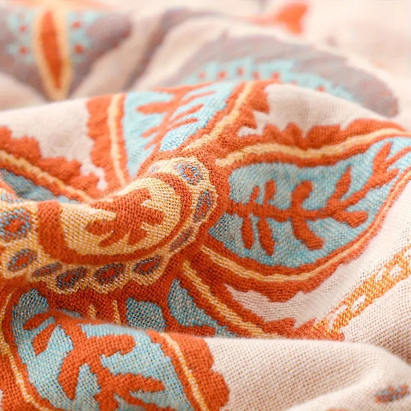 Manta de algodón floral boho lavable a máquina con flecos, diseño rústico en fondo crema con flores naranjas y azules 7