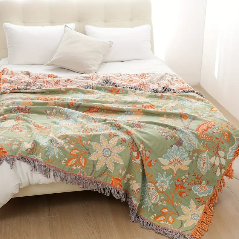 Manta de algodón floral boho lavable a máquina con flecos, diseño rústico en fondo crema con flores naranjas y azules 8