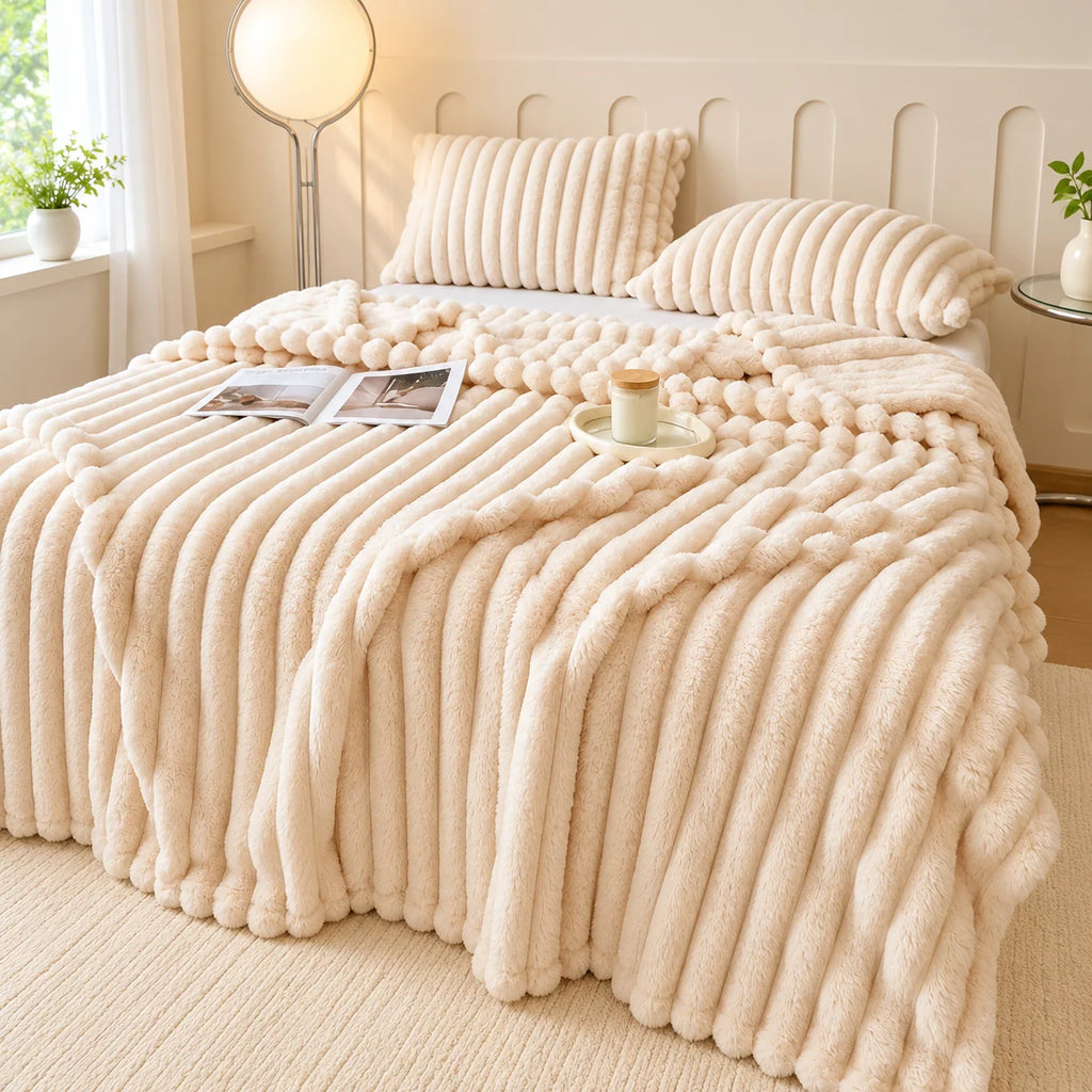 Manta de felpa acanalada de poliéster con textura en relieve, disponible en varios colores y tamaños, ideal para abrigo y decoración 12