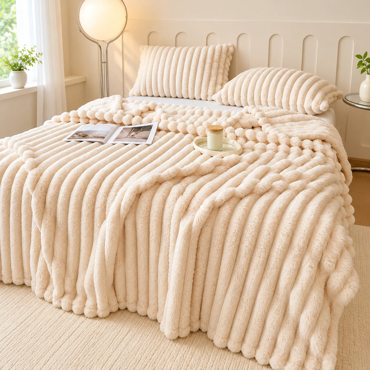 Manta de felpa acanalada de poliéster con textura en relieve, disponible en varios colores y tamaños, ideal para abrigo y decoración 12