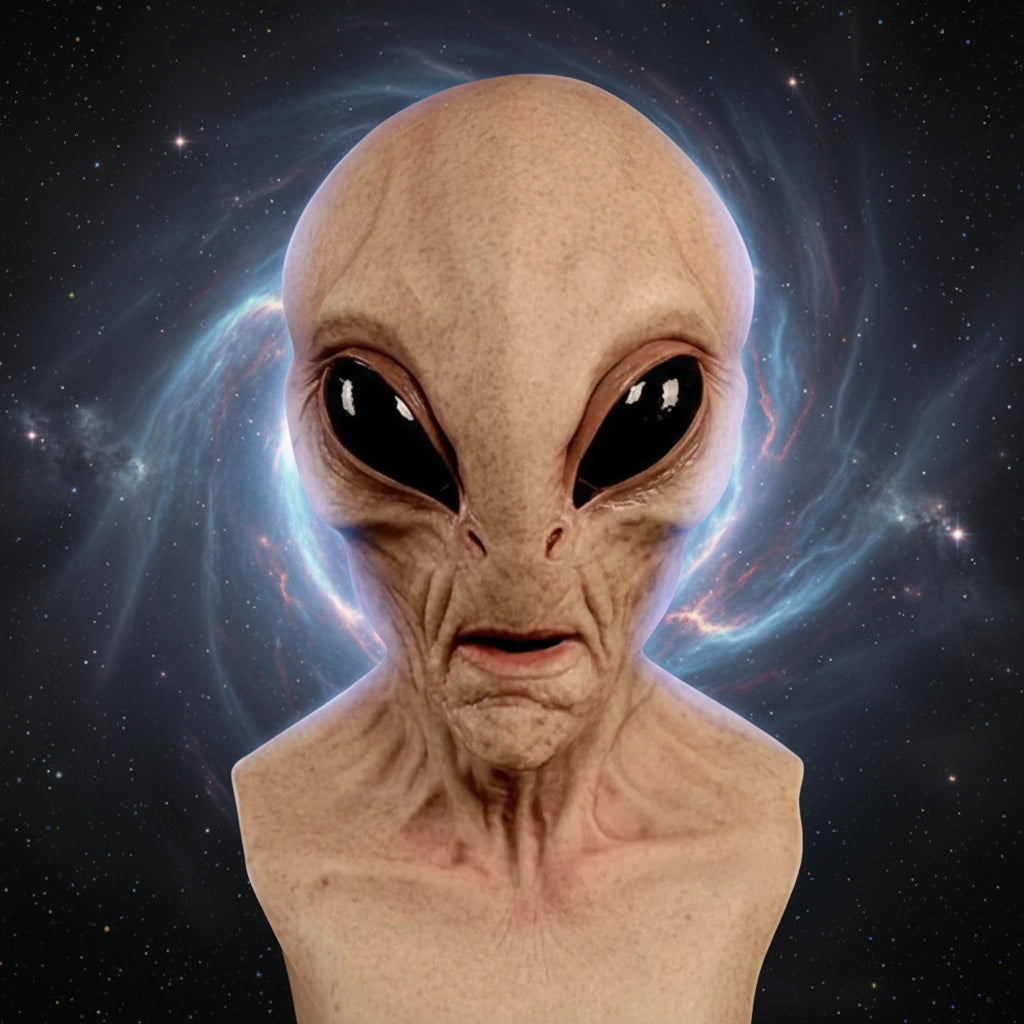 Máscara alienígena de látex realista para Halloween, diseñada para una cobertura completa de cabeza, ideal para disfraces y eventos temáticos. 1