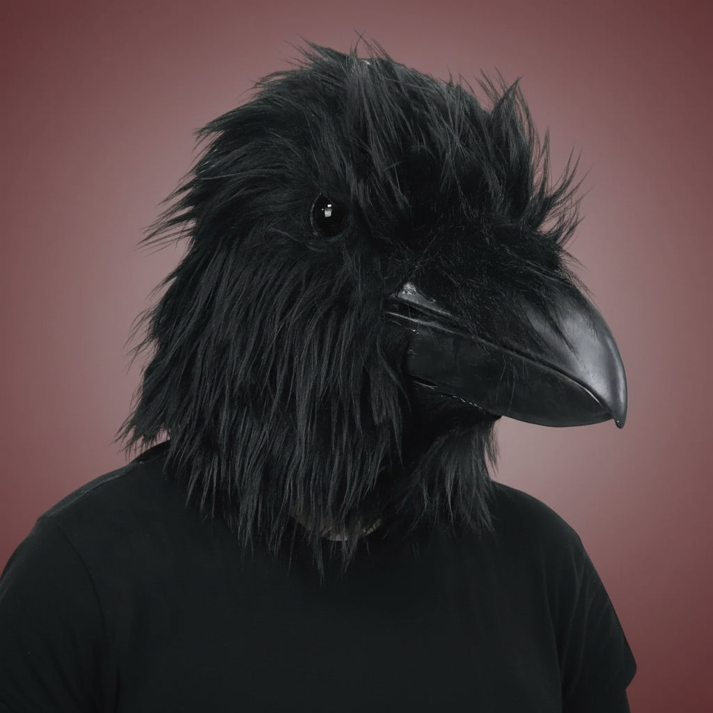 Máscara de cuervo realista en látex, ideal para disfraces de Halloween y cosplay, con detallado acabado negro y diseño completo que aporta 0