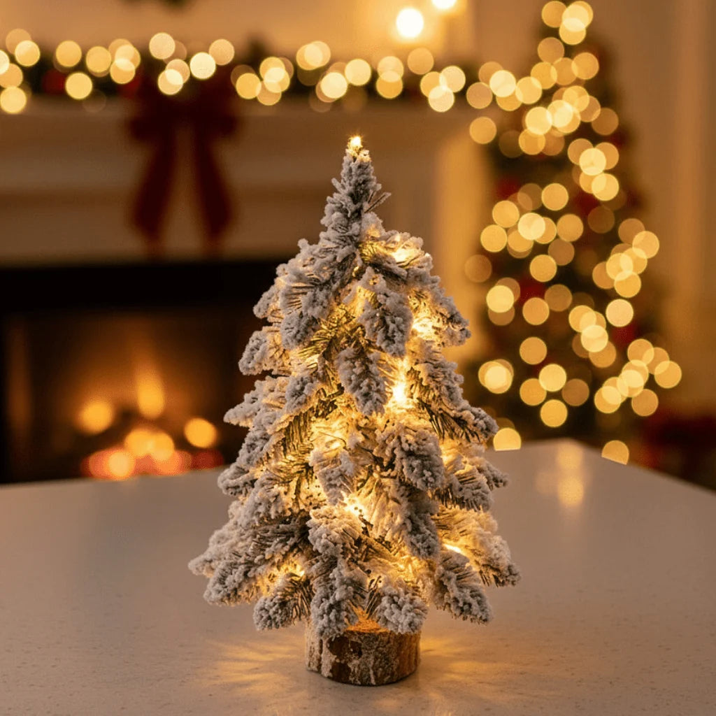 Mini árbol de Navidad decorado con luces LED brillantes y efecto nieve, mide 45 cm de altura, ideal para adornar espacios pequeños y crear 0