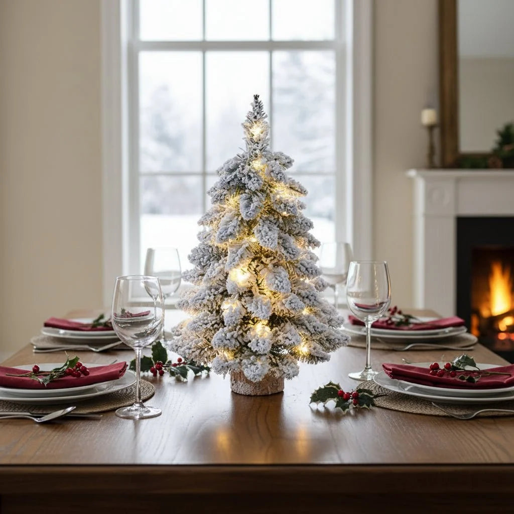 Mini árbol de Navidad decorado con luces LED brillantes y efecto nieve, mide 45 cm de altura, ideal para adornar espacios pequeños y crear 2