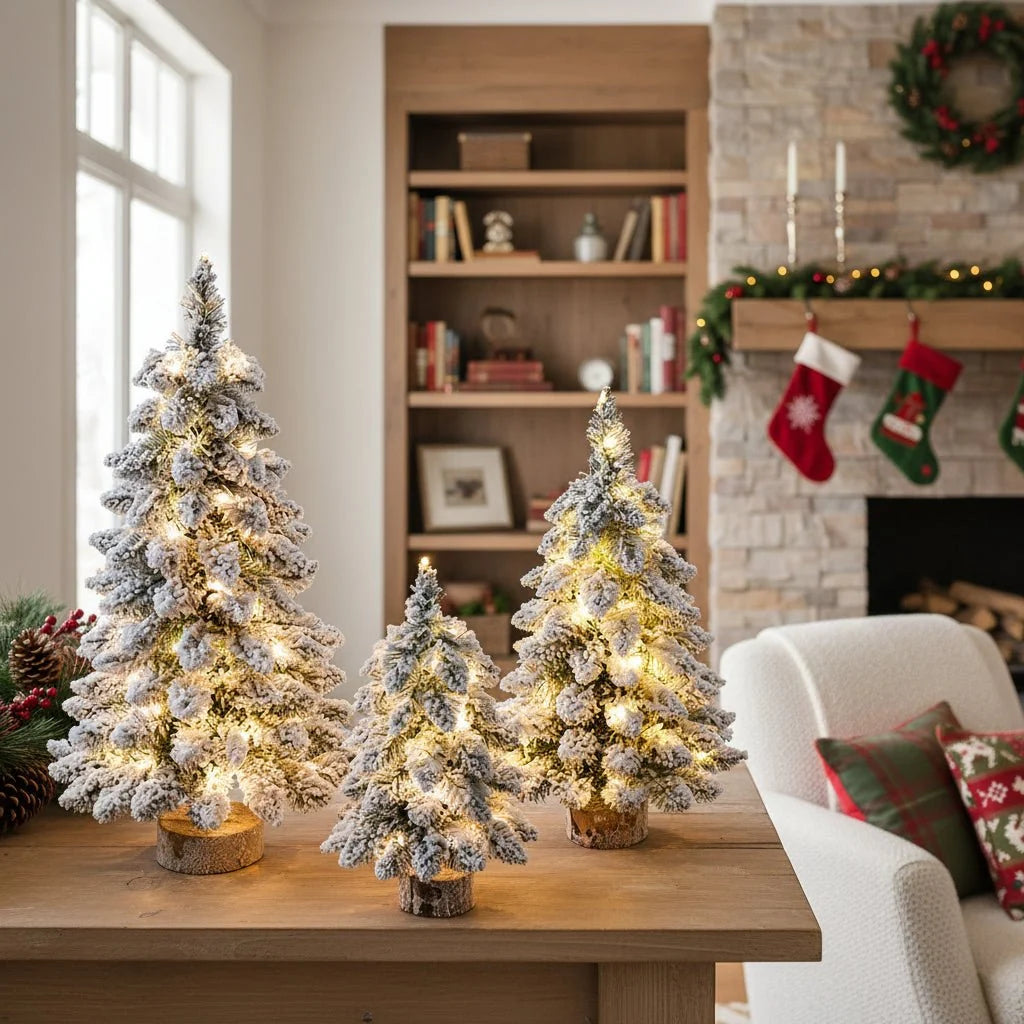 Mini árbol de Navidad decorado con luces LED brillantes y efecto nieve, mide 45 cm de altura, ideal para adornar espacios pequeños y crear 3