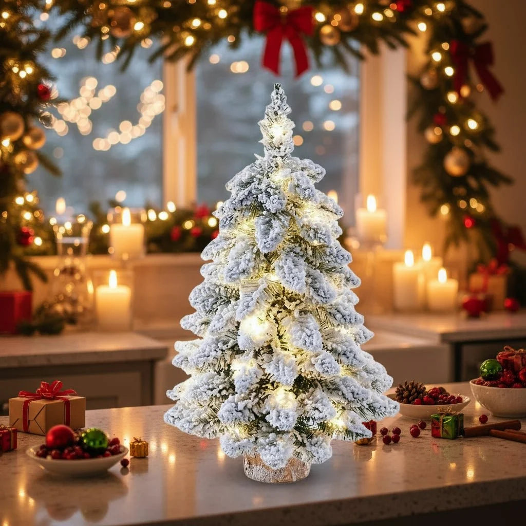 Mini árbol de Navidad decorado con luces LED brillantes y efecto nieve, mide 45 cm de altura, ideal para adornar espacios pequeños y crear 4