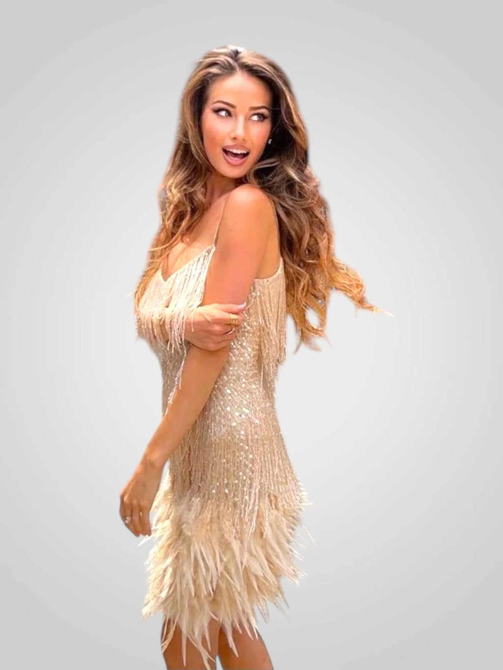 Minivestido elegante con detalles de plumas, silueta chic y ajuste cómodo, ideal para fiestas y ocasiones especiales. 7