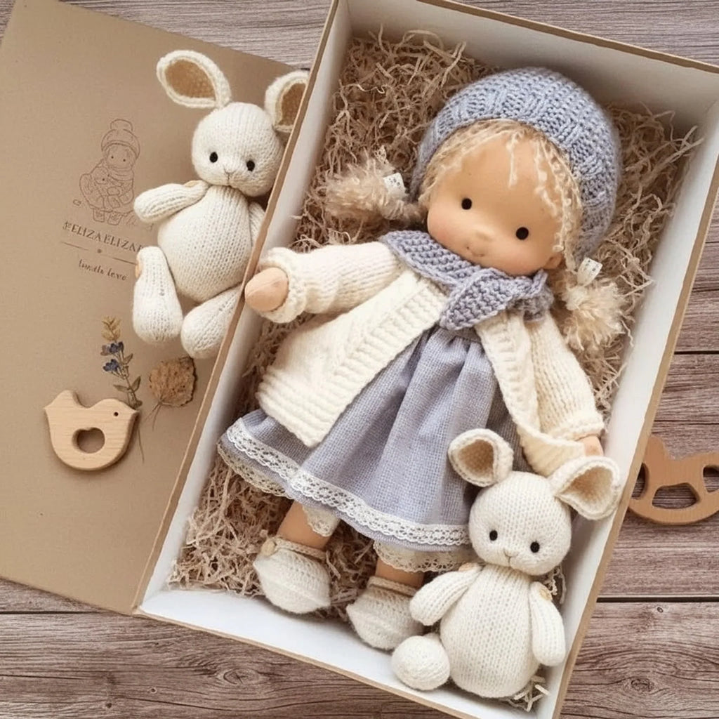 Muñeca Waldorf hecha a mano de algodón suave, ideal para juego creativo, con diseño atemporal y seguro para niños. 0