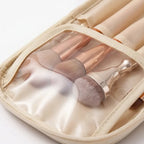 Neceser de maquillaje de cuero PU impermeable para mujer, con doble cremallera y apertura plana, ideal para organizar cosméticos y accesorios. 2