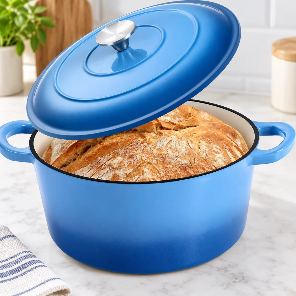 Olla holandesa de hierro fundido esmaltado azul de 3 cuartos con asas de bucle y tapa a juego, diseño red 1
