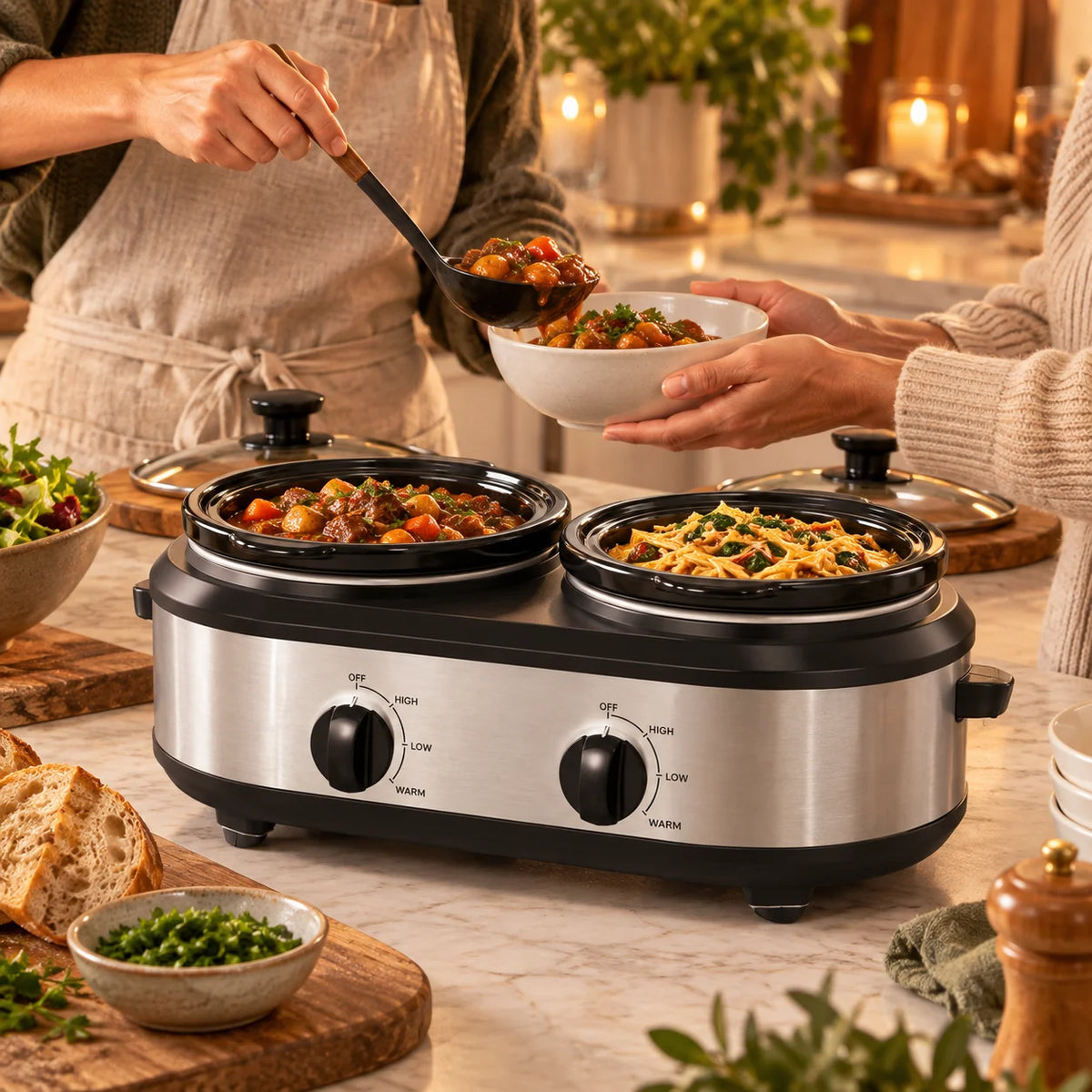 Olla de cocción lenta doble de acero inoxidable de 2.5 Qt con controles independientes y ollas de cerámica extraíbles, ideal para 8