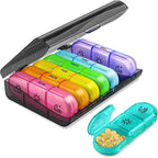 Organizador semanal de pastillas con 21 compartimentos independientes, fabricado en plástico libre de BPA, diseño compacto y portátil ideal para llevar medicamentos de 3